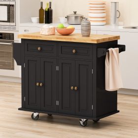 Kitchen Island Cart with Two Storage Cabinets and Two Locking Wheels; 43.31 Inch Width; 4 Door Cabinet and Two Drawers; Spice Rack; Towel Rack (Black)