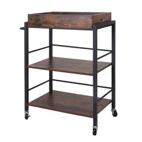 Tray Top Wooden Kitchen Cart with 2 Shelves and Casters; Brown and Black