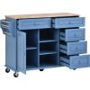 K&K kitchen cart with Rubber wood desktop rolling mobile kitchen island with storage and 5 draws 53 Inch width (Blue)