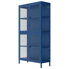 Four Glass Door Storage Cabinet with Adjustable Shelves and Feet Cold-Rolled Steel Sideboard Furniture for Living Room Kitchen Blue