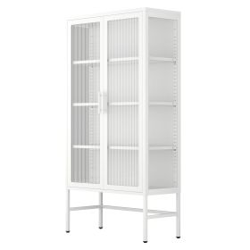 Double Glass Door Storage Cabinet with Adjustable Shelves and Feet Cold-Rolled Steel Sideboard Furniture for Living Room Kitchen White