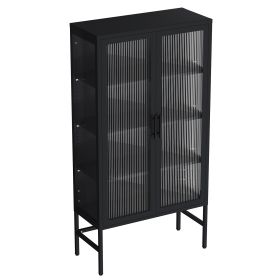 Double Glass Door Storage Cabinet with Adjustable Shelves and Feet Cold-Rolled Steel Sideboard Furniture for Living Room Kitchen Black