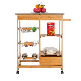 Moveable Kitchen Cart with Stainless Steel Table Top & Three Drawers & Three Baskets Burlywood RT