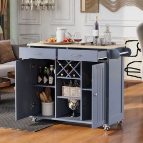 K&amp;K Store Kitchen Island Cart with Two Storage Cabinets and Four Locking Wheels; Wine Rack; Two Drawers; Spice Rack; Towel Rack (Grey Blue)