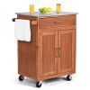 Wooden Kitchen Rolling Storage Cabinet with Stainless Steel Top