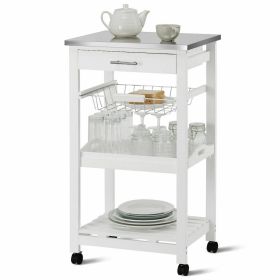 Rolling Kitchen Trolley Cart Steel White Top Removable Tray W/Storage Basket &Drawers