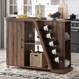 TREXM Kitchen Island Cart on Wheels with Adjustable Shelf and 5 Wine Holders; Storage Cart for Dining Room; Kitchen (Brown)
