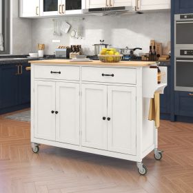 Kitchen Island Cart with Solid Wood Top and Locking Wheels; 54.3 Inch Width; 4 Door Cabinet and Two Drawers; Spice Rack; Towel Rack (White)