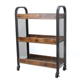 3 Tier Wood and Metal Kitchen Cart with Mesh Side Panel; Brown and Black