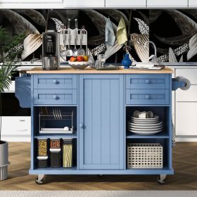 K&K kitchen island cart with Spice Rack; Towel Rack & Drawer; Rubber wood desktop; 5 wheels including 4 lockable wheels; 52.8inch width (Blue)