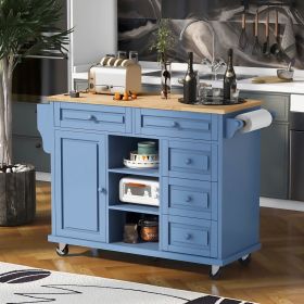 K&K kitchen cart with Rubber wood desktop rolling mobile kitchen island with storage and 5 draws 53 Inch width (Blue)