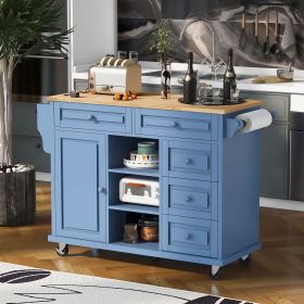 K&K kitchen cart with Rubber wood desktop rolling mobile kitchen island with storage and 5 draws 53 Inch width (Blue)