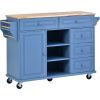 K&K kitchen cart with Rubber wood desktop rolling mobile kitchen island with storage and 5 draws 53 Inch width (Blue)