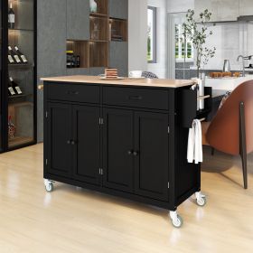 Kitchen Island Cart with Solid Wood Top and Locking Wheels; 54.3 Inch Width; 4 Door Cabinet and Two Drawers; Spice Rack; Towel Rack (Black)