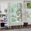 Double Glass Door Storage Cabinet with Adjustable Shelves and Feet Cold-Rolled Steel Sideboard Furniture for Living Room Kitchen Mint green