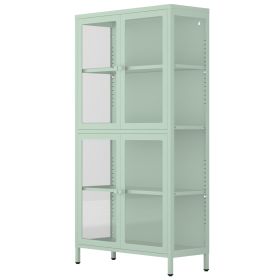 Four Glass Door Storage Cabinet with Adjustable Shelves and Feet Cold-Rolled Steel Sideboard Furniture for Living Room Kitchen Mint green