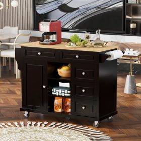 K&K kitchen cart with Rubber wood desktop rolling mobile kitchen island with storage and 5 draws 53 Inch width (Black)