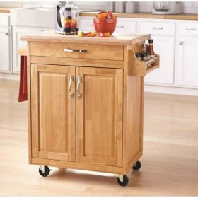 Kitchen island cart with drawers and storage rack spice rack; towel rack; butcher block countertop; white and natural (Color: natural color)