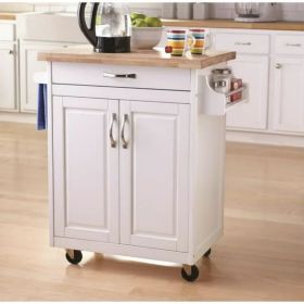 Kitchen island cart with drawers and storage rack spice rack; towel rack; butcher block countertop; white and natural (Color: White)