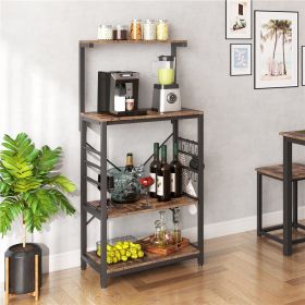 Kitchen Utility Storage Shelf Microwave Stand Cart on Wheels with Side Hooks (Color: Rustic Brown)