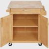 Kitchen island cart with drawers and storage rack spice rack; towel rack; butcher block countertop; white and natural