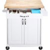 Kitchen island cart with drawers and storage rack spice rack; towel rack; butcher block countertop; white and natural