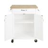 Kitchen island cart with drawers and storage rack spice rack; towel rack; butcher block countertop; white and natural