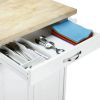 Kitchen island cart with drawers and storage rack spice rack; towel rack; butcher block countertop; white and natural